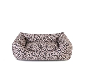 MONTAIGNE - PANIER POUR CHIEN / CHAT, ORTHOPÉDIQUE ET DÉHOUSSABLE, EN TISSU MOTIF LÉOPARD ROSE FAUVE  